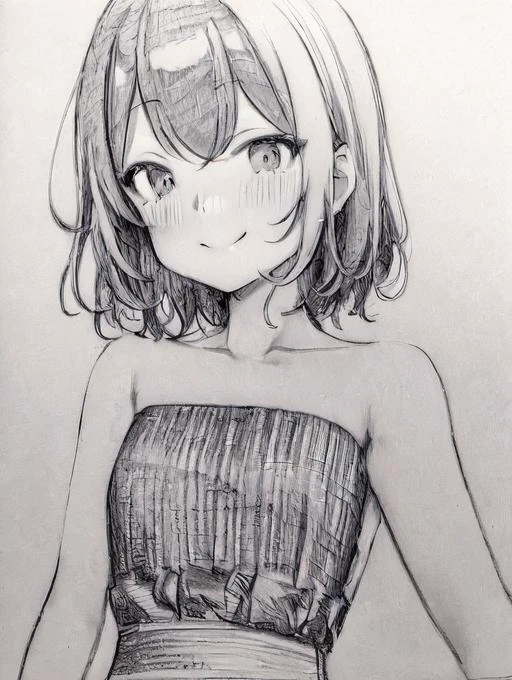 masterpiece, best quality, SakuraVRC, 1girl, solo, short hair, red hair, green eyes, embarrassed, shy, smile, closed mouth, strapless dress, sketch, monochrome, greyscale,  