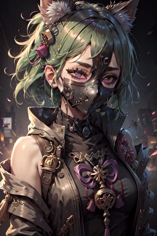 ((masked_female)), purple eyes, closeup, face, detailed eyes, shiny hair, shiny, shiny clothes, extreme details, masterpiece, slight smile, hair_ornament, kuki shinobu \(genshin impact\), green_hair,
PunkAI