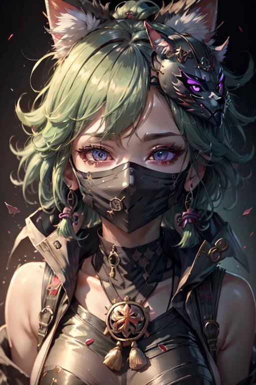 ((masked_female)), purple eyes, closeup, face, detailed eyes, shiny hair, shiny, shiny clothes, extreme details, masterpiece, slight smile, hair_ornament, kuki shinobu \(genshin impact\), green_hair,
PunkAI