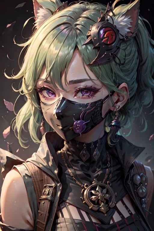 ((masked_female)), purple eyes, closeup, face, detailed eyes, shiny hair, shiny, shiny clothes, extreme details, masterpiece, slight smile, hair_ornament, kuki shinobu \(genshin impact\), green_hair,
PunkAI