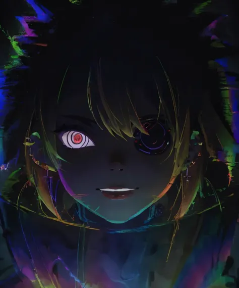 (ultra-detailed),(masterpiece),(best quality),dark,glitch,rainbow,1girl,purple eyes,eyepatch,smile,piercing,looking at viewer,portrait,solo,<lora:gentoshin_no_jutsu-07:1>,