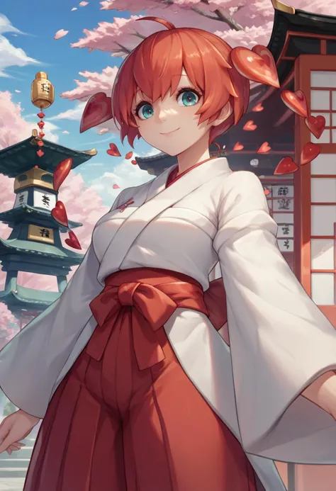 score_9, score_8_up, score_7_up, source_anime, solo, 1girl, p5sophia, smile, looking at viewer, ahoge, detached hair, heart, japanese clothes, white kimono, red hakama, hakama skirt, outdoors, pagoda <lora:persona5_sophia_ponyXL:1>