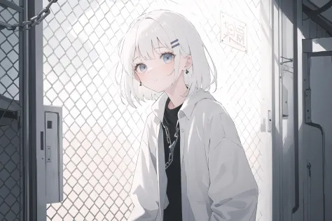 (best quality, masterpiece, highres),1girl,solo,white hair,closed mouth,hairclip,earrings,loose clothes,looking at viewer,leanin...