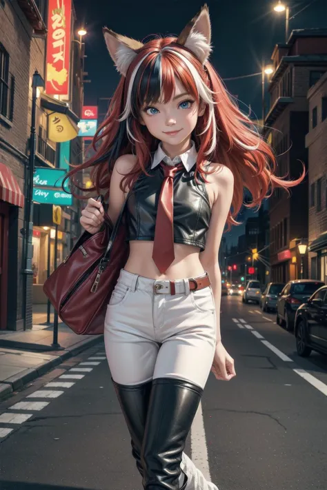 vibrant colors,high camera angle, extreme pose, cute pose, night, girl, masterpiece, sharp focus, best quality, depth of field, cinematic lighting, fox girl, fox ears, red and white hair, multicolored hair, leather tie, loose pants, heavy leather boots, neon green bag, cheerful, slight smile, sky blue eyes, cobble stone street, European street, 