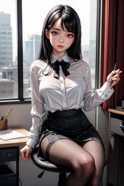 (傑作, 最好的品質), 一位年輕的黑髮女孩辦公室秘書，穿著透明的白色襯衫、黑色辦公室裙子和黑色褲襪 ,坐在辦公椅上, 拿著鉛筆, (細緻的肌膚:1.3),(細緻的眼睛), (銳利的焦點), 