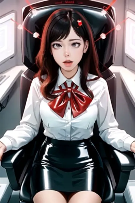 professional detailed photo of (latex office woman) being (brainwashed by mind control chair), (latex white office blouse and pe...