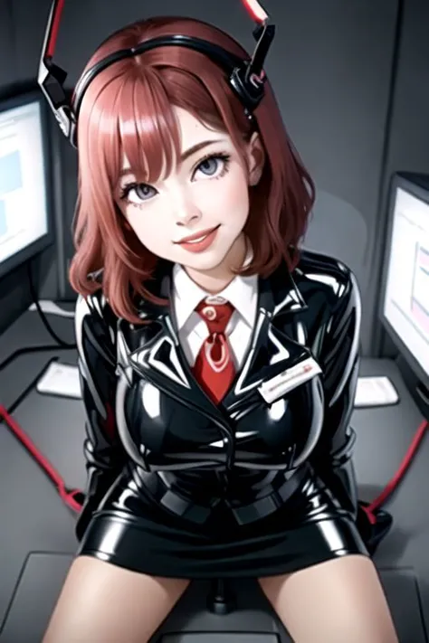 professional detailed photo of (latex office woman) being (brainwashed by mind control headgear), (latex white office blouse and...