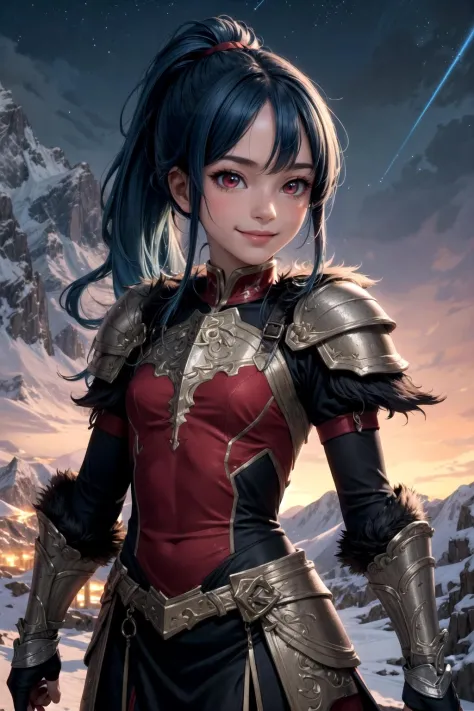 vibrant colors, girl, masterpiece, sharp focus, best quality, depth of field, cinematic lighting, ponytail, blue hair, red eyes, fur armor, mountain, bright smile, night sky,