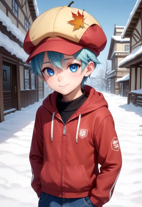 score_9, score_8_up, score_7_up, detailed eyes, autumn leaf, snowy, village, BREAK
straight on shot, standing, 
 <lora:cacd-pony-BASE:0.75> aoi, 1boy, (blue hair:1.2), polo shirt,  smile, male, male focus, closed mouth, captains hat, blue eyes, 
looking at viewer,male, male focus, blue hair, inside, corridors, petite, vivid colors, petite, cute, young, masterpiece, high quality, very_high_resolution, large_filesize, full color, detailed face,