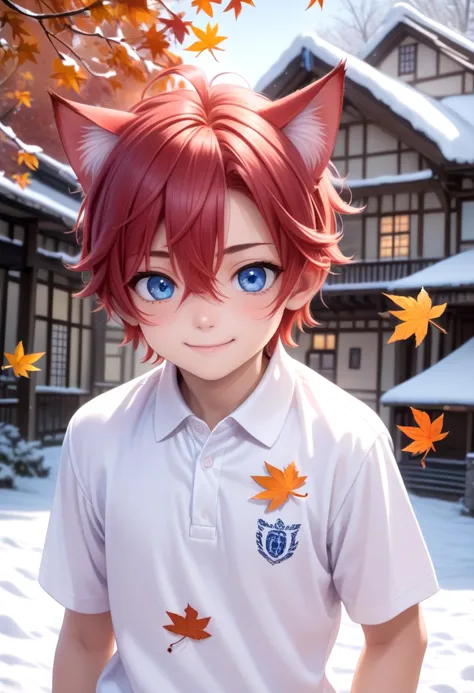 anime boy with red hair and blue eyes in front of a house