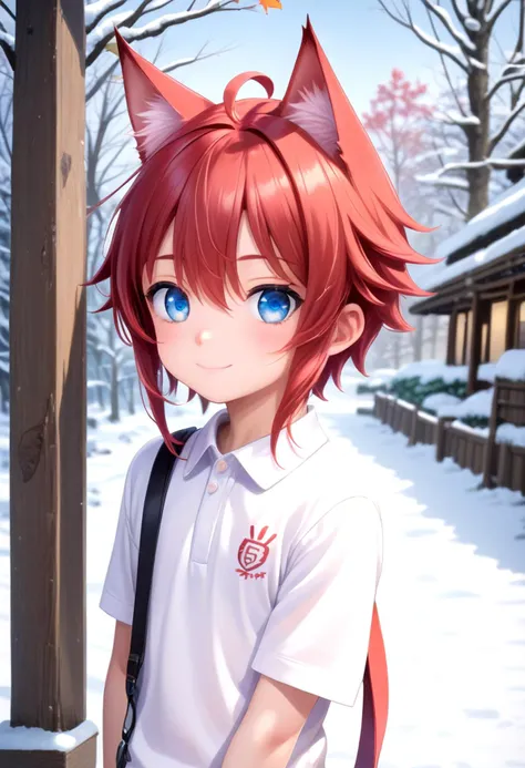 anime girl with red hair and blue eyes standing in the snow