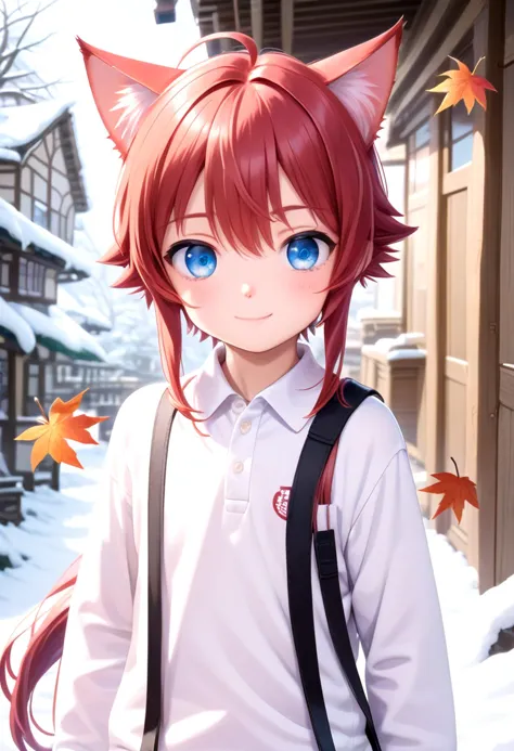 anime girl with red hair and blue eyes standing in front of a house