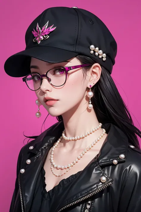 masterpiece,best quality,<lora:Saibogo:0.8>,1man,saibo,cyberpunk,hat,earrings,glasses,simple background,magenta background,pearls and jewels,