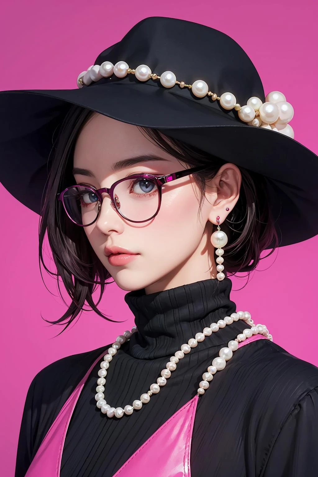 masterpiece,best quality,1man,saibo,cyberpunk,hat,earrings,glasses,simple background,magenta background,pearls and jewels,