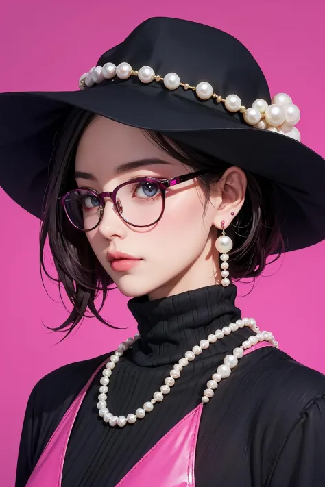 masterpiece,best quality,<lora:Saibogo:0.8>,1man,saibo,cyberpunk,hat,earrings,glasses,simple background,magenta background,pearl...
