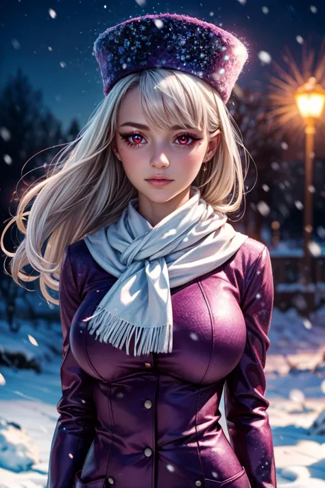 (ultra realistic,32k, masterpiece:1.2),(high detailed skin:1.1),( high quality:1.1),  <lora:IllyasvielVonEinzbern_v1:0.8>,    zzIllya, red eyes, white hair, papakha, purple headwear, looking at viewer, white scarf, floating hair, upper body, closed mouth, night, outdoors, snowing, sky    blooming stars, luminescent petals, otherworldly fragrance blurry background, (looking at viewer, standing:1.1), huge breast, large breast, <lora:add_detail:0.92>, (glowwave:1.1),