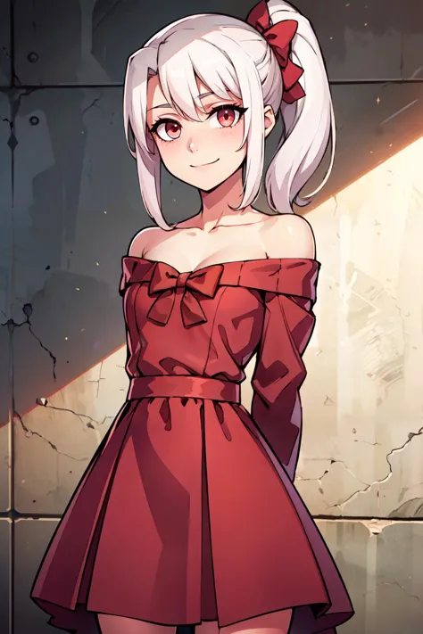 ((masterpiece,best quality)), absurdres, <lora:IllyasvielVonEinzbern_v1:0.8>,    zzIllya, looking at viewer, arms behind back, bare shoulders, collarbone, smile, hair bow, side ponytail, white hair, off shoulder, red bow, pink dress, sweater dress, sidelocks, cowboy shot, closed mouth   ,solo, smiling, looking at viewer, cowboy shot,