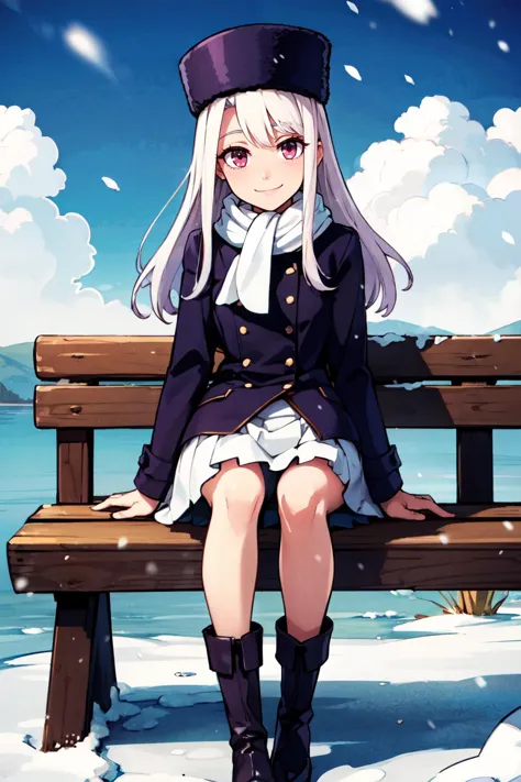 anime girl sitting on a bench in the snow