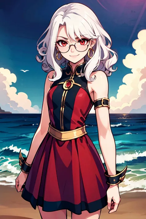 ((masterpiece,best quality)), absurdres, <lora:IllyasvielVonEinzbern_v1:0.8>,    zzIllya, white hair, red eyes,, as a ((whisperer-in-darkness translator)) with ((curly hair)) adorned with (arm cuffs) at home, lavender floral dress, white sunglasses, silver hoop earrings sandy beach, ocean waves, clear sky, pier structure hand in hair, facing camera, slight tilt by, ,solo, smiling, looking at viewer, cowboy shot,