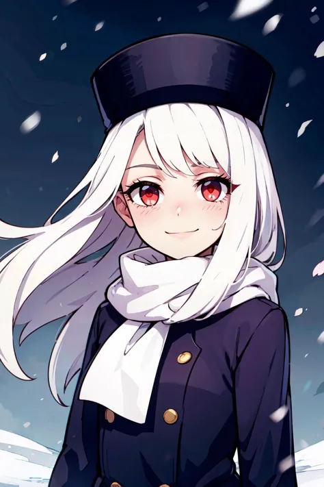 ((masterpiece,best quality)), absurdres, <lora:IllyasvielVonEinzbern_v1:0.8>,    zzIllya, red eyes, papakha, purple headwear, looking at viewer, white scarf, floating hair, upper body, closed mouth, night, outdoors, snowing, sky   ,solo, smiling, looking at viewer, cowboy shot,