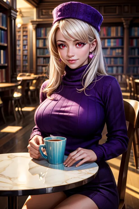 arafed woman in purple dress sitting at a table with a cup of coffee