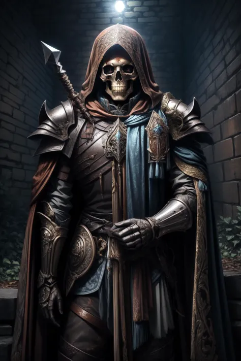 (masterpiece, best quality),  intricate details,
  tomb,  <lora:RPGSkeleton:0.85> skeleton, rusted armor, black tattered cloak, ...