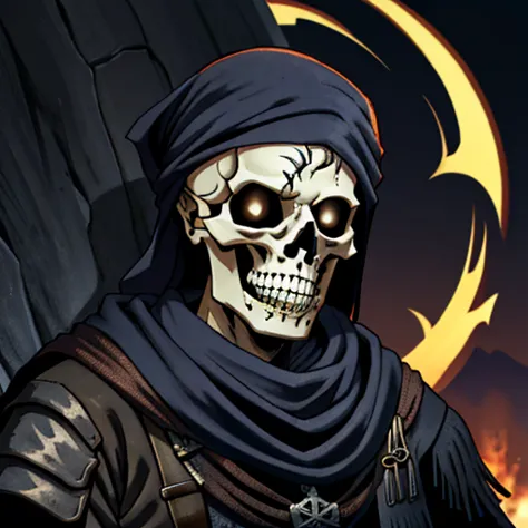 a close up of a skeleton with a scarf on and a sword