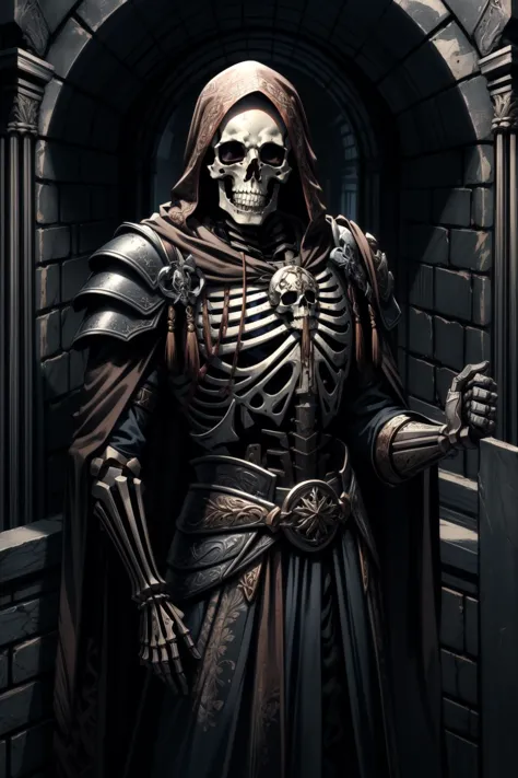 a close up of a skeleton dressed in a robe and holding a sword