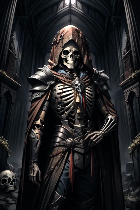 (masterpiece, best quality),  intricate details,
  tomb,  <lora:RPGSkeleton:0.7> skeleton, rusted armor, tattered cloak,  hood, ...