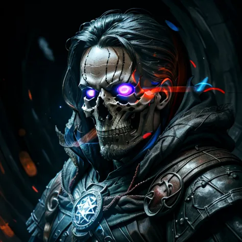 a close up of a person with a skull face and a glowing eye