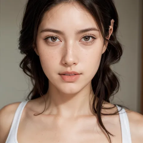 a close up of a woman with a white tank top and a hair comb