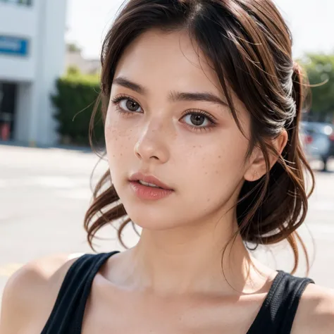 a close up of a woman with a black top on a street