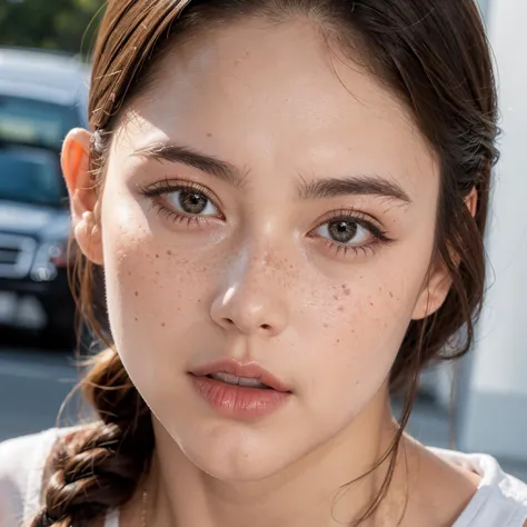 a close up of a woman with freckles on her face