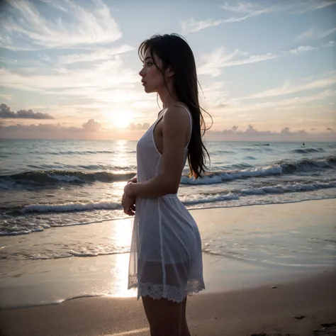 arafed woman in white dress standing on beach at sunset