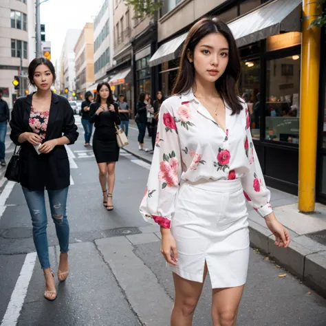 woman in white dress walking down the street with other women