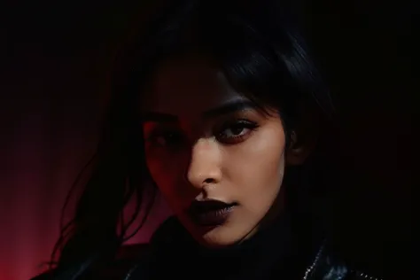 demon, tomboy, ultra realistic close up portrait ((beautiful cyberpunk female with heavy black eyeliner)), black eyes, shaved si...