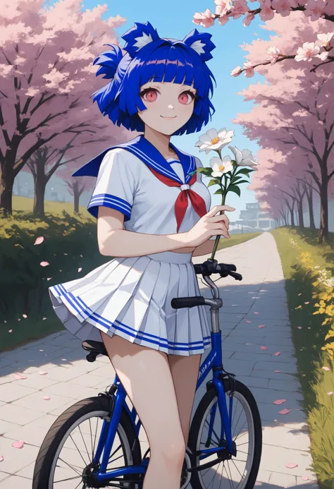 score_9, score_8_up, score_7_up, 1girl, GrisVert, animal ears, bear tail, magenta eyes, blue hair, short hair, fang, 
sailor collar, red ribbon, white shirt, white skirt, pleated skirt, 
looking at viewer, smile, closed mouth, blush, holding flower, white flower, offering flower, bicycle, standing next to bicycle, 
outdoors, path, cherry blossoms, floating hair, falling petals, 
<lora:Gris-VertigrisPDXL_V1-Manityro-CAME:1.0>,