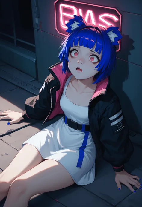 score_9, score_8_up, score_7_up, 1girl, GrisVert, animal ears, bear tail, magenta eyes, blue hair, short hair, breasts, toned, fang, blue nails,
black jacket, pink two-sided jacket, open jacket, white dress, belt,  
looking up, parted lips, fear, scared, constricted pupils, shaded face, reaching out, reaching towards viewer, shadow, lying, on floor, on side, arm rest, 
outdoors, cyberpunk city, dark, night, evening, futuristic, science fiction, sci-fi, neon lights, 
<lora:Gris-VertigrisPDXL_V1-Manityro-CAME:1.0>,