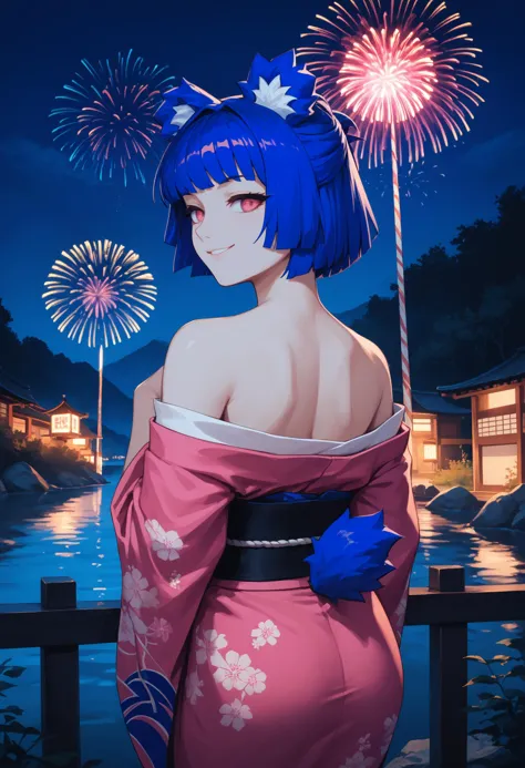 a close up of a person in a kimono outfit with fireworks in the background