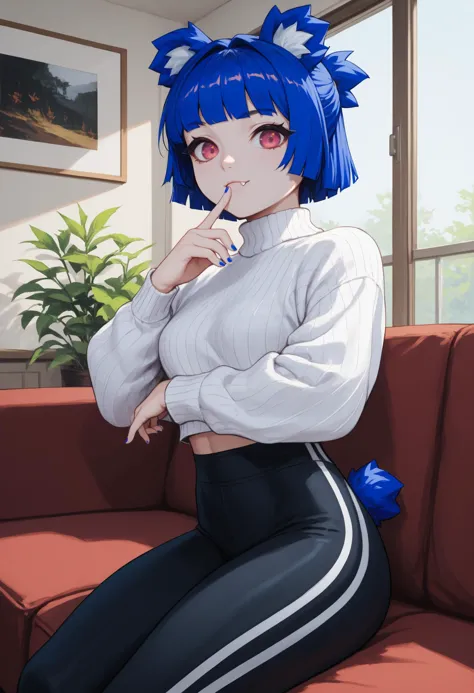 anime girl with blue hair sitting on a couch with a toothbrush in her mouth