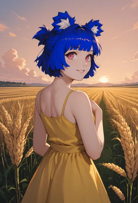 score_9, score_8_up, score_7_up, 1girl, grisvert, animal ears, bear tail, magenta eyes, blue hair, short hair,  
yellow sundress...