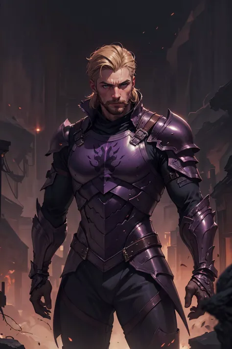 soothing tones, muted colors, high contrast, (hyperrealism, soft light, sharp), (1man, muscular adult french male:1.2),  coral eyes, dark blonde hair, short mustache, 
portrait, solo,  upper body, looking away, detailed background, detailed face, (shadow aura, purple and black, worldofshadows theme:1.1), footsoldier, standing firm, watchful,  leather armor, gauntlets, emblem,  cage in background,   sunrise, medieval atmosphere,