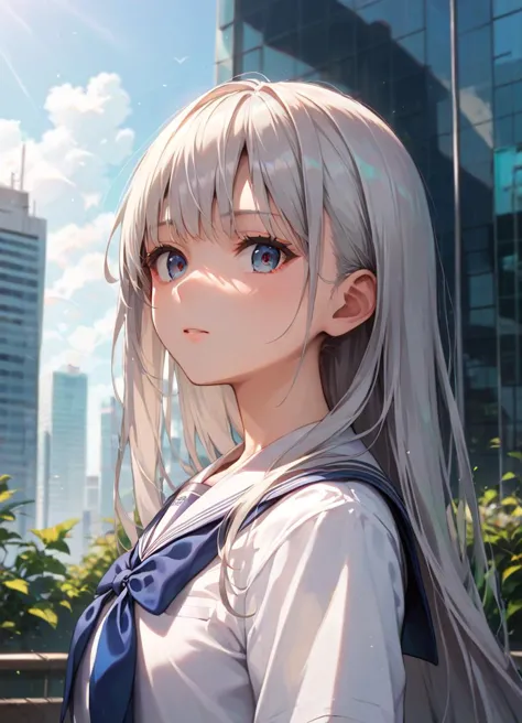 score_9, score_8_up, score_7_up , source_anime, masterpiece, best quality, perfect anatomy , very aesthetic , absurdres ,intricate illustration ,ultra-detailed animation,
1girl, solo, silver hair, very long hair, upper body,school uniform, outdoors, skyscraper,