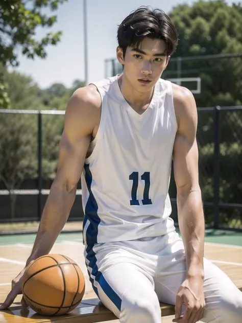 Facing the viewer ,Handsome male, male focus, topless , realistic, sitting on the bench,basketball playground,playing basketball...