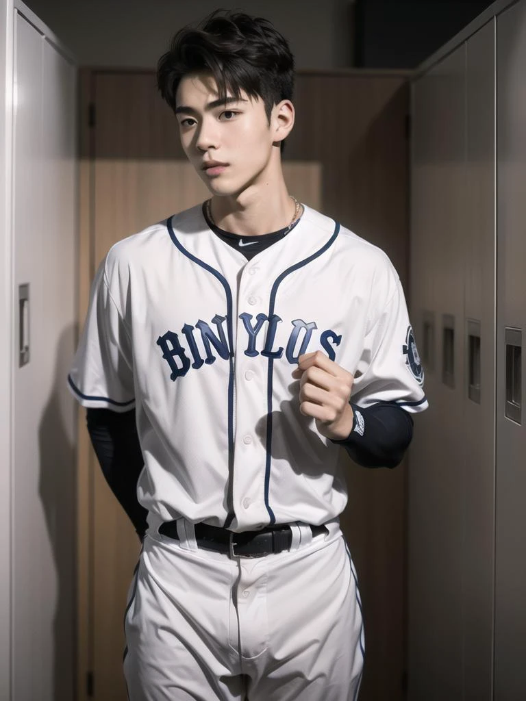 Masterpiece,high_res,best quality,1boy,handsome,male,20y.o,((very_short_hair)),baseball uniform,undressing,,in grey tone locker room ,Male focus