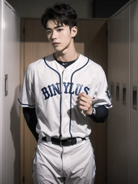 Masterpiece,high_res,best quality,1boy,handsome,male,20y.o,((very_short_hair)),baseball uniform,undressing,,in grey tone locker ...