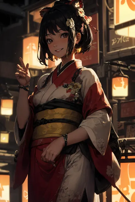 anime girl in kimono outfit holding a sword in front of a wall