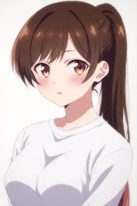 anime girl with ponytail and white shirt looking at camera