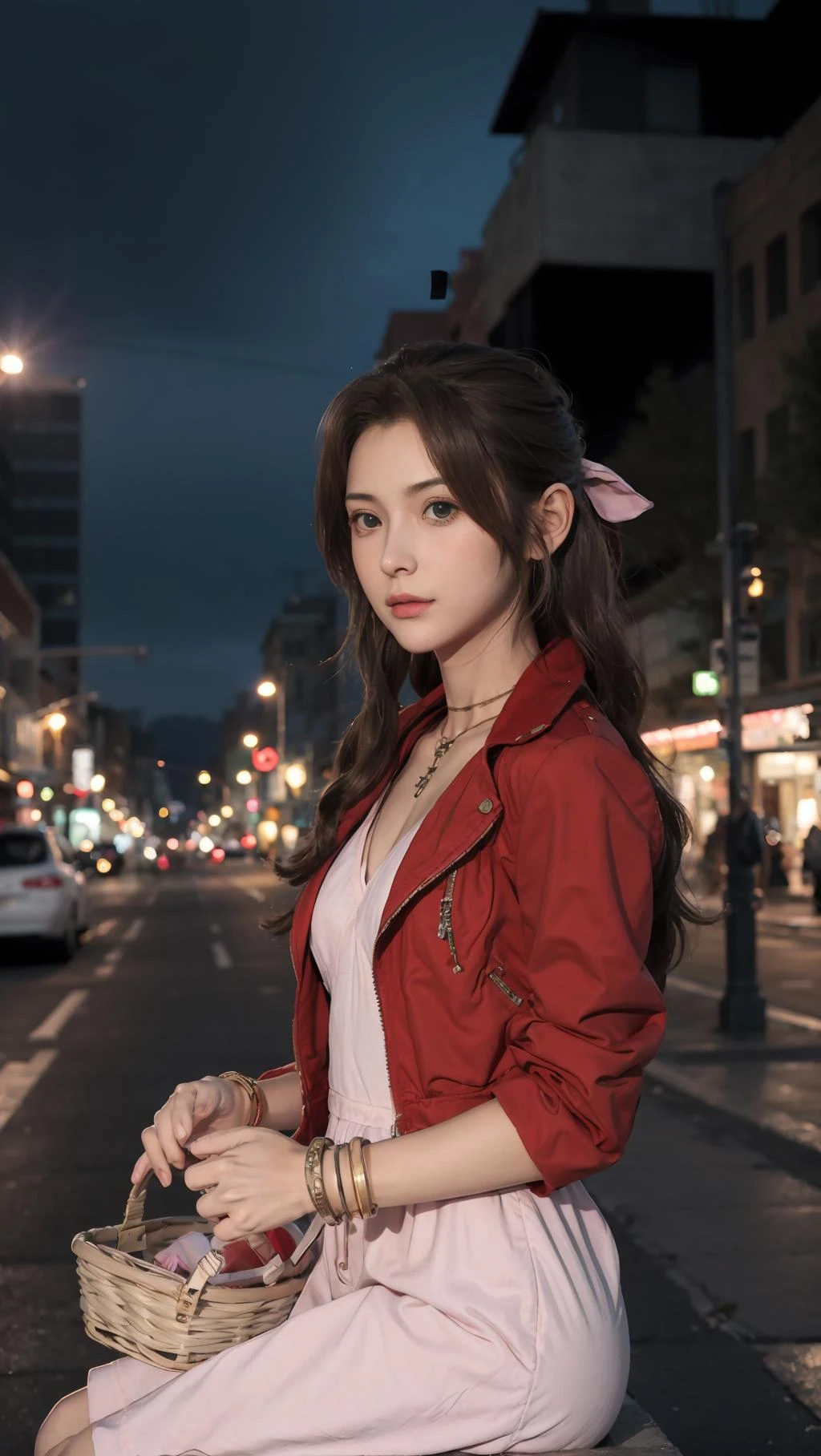 best quality,masterpiece,8k wallpaper,absurdres, highres, ultra detailed, (1 young beautiful girl, solo:1.1),aerith gainsborough \(cosplay\),red_jacket, necklace,brown_hair,long_hair,bracelet,pink_dress,hair_ribbon,flowers basket,holding basket,sitting,street, night,city lights,  