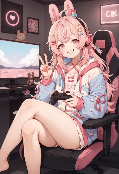 anime girl sitting in a chair with a remote control